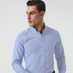 Slim Fit Mavi Armürlü Düğmeli Yaka Pamuklu Gömlek