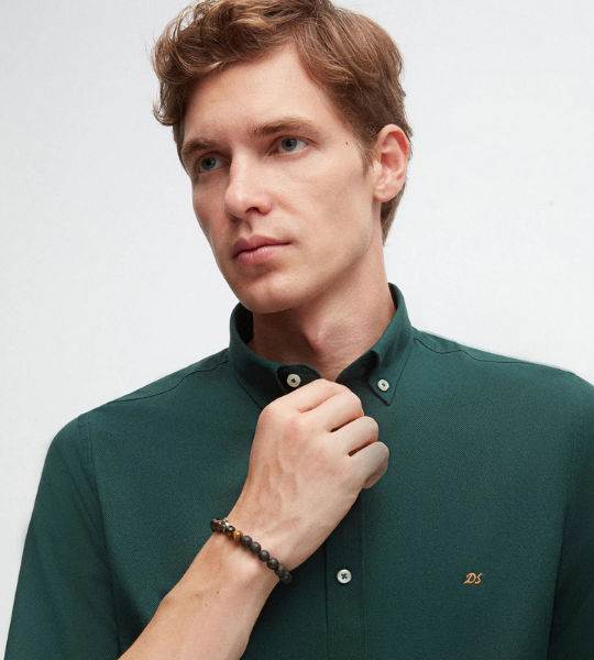 Slim Fit Yeşil Oxford Düğmeli Yaka Kolay Ütülenebilir Nakış Detaylı Pamuklu Gömlek